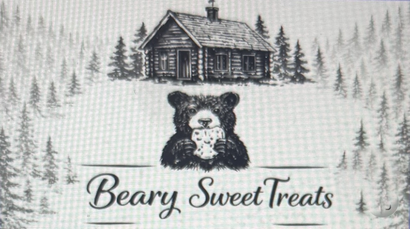 Beary Sweet Treats — illustrated log cabin in a pine forest with a bear cub holding a cookie