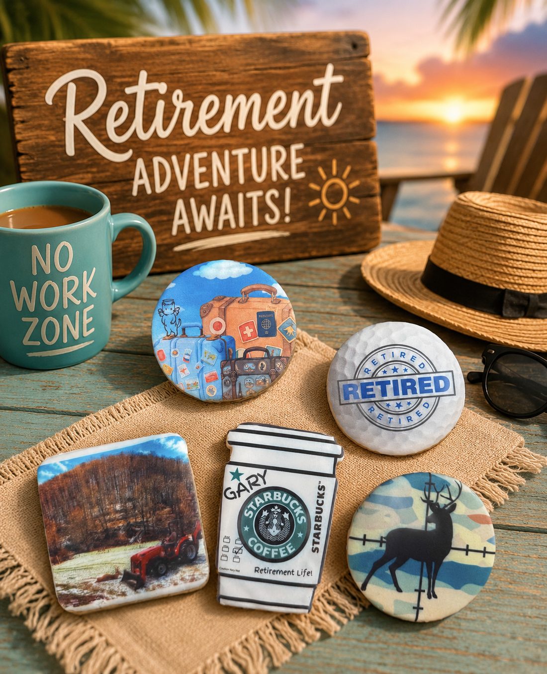 Retirement themed cookie set with golf ball and travel designs